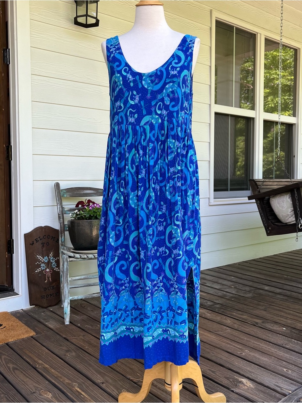 Vintage Rainbow Jo Hawaiian Blue Sea Life Print Maxi Dress